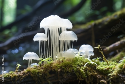 Lions mane mushroom in the wild, hericium erinaceus. Neurogenesis development concept photo