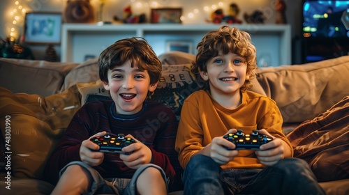 Boys playing games on the game console sitting on the couch indoors