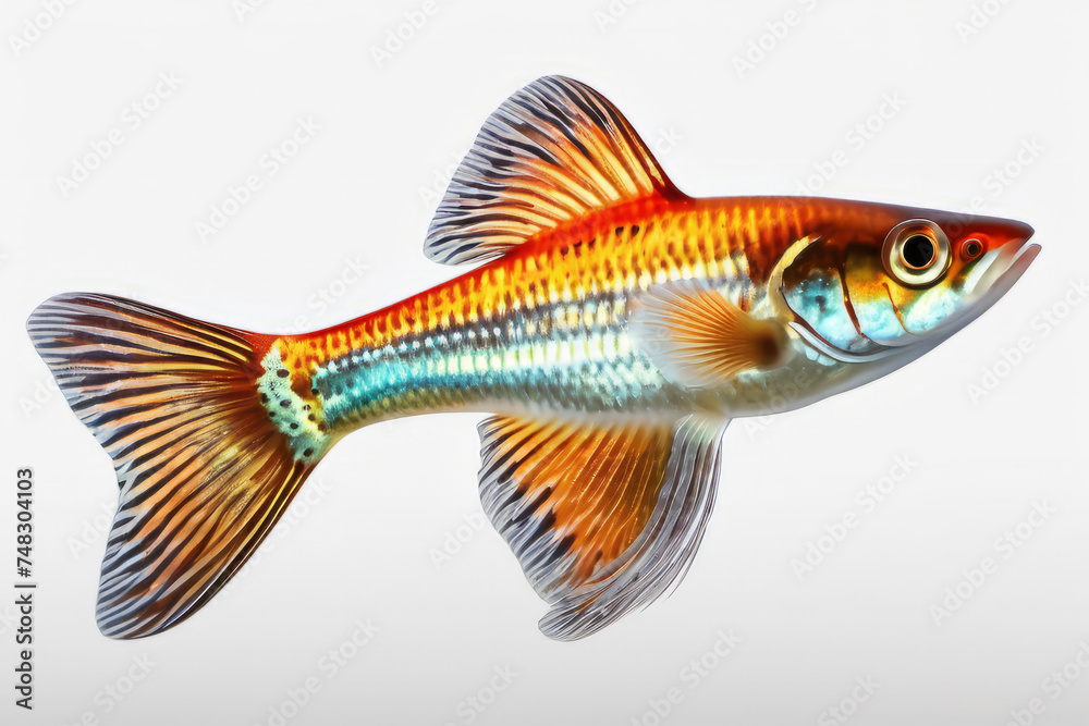 Small colorful golden and iridescent guppy fish isolated on white background Small colorful golden and iridescent guppy fish isolated on white background