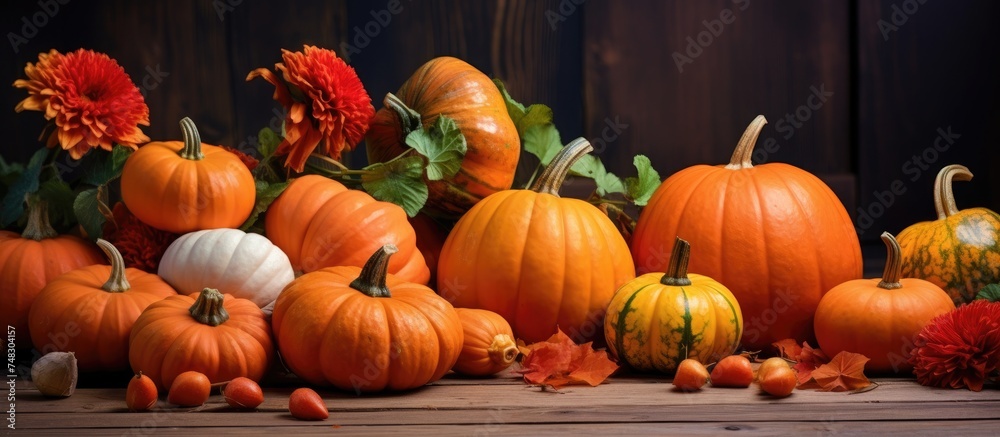 A collection of pumpkins in varying sizes and colors arranged neatly on a wooden table. The pumpkins are the focal point of the scene, creating an autumnal and festive atmosphere.