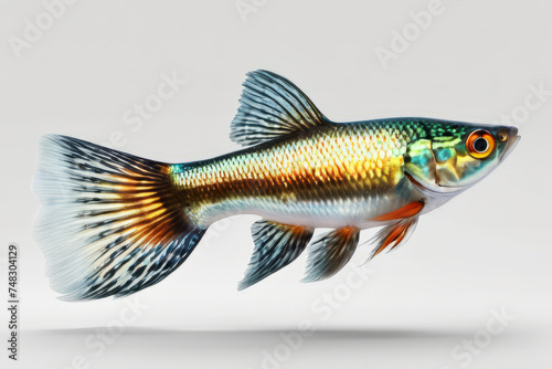 Small colorful green and iridescent guppy fish isolated on white background