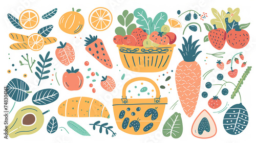 Various healthy food icons such as a salad plate, a fruit basket, and a whole grain bread, emphasizing nutritious eating.