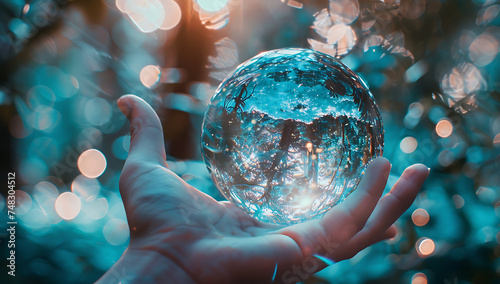 one hand holding a crystal globe and lights surroundi photo