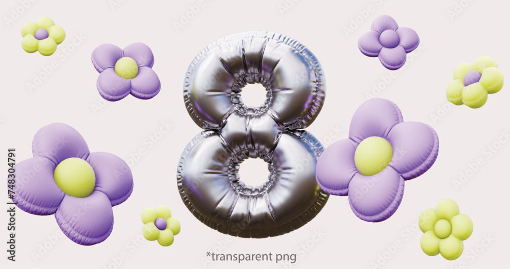 Inflated flowers and eight for woman day, 3d render, transparent png