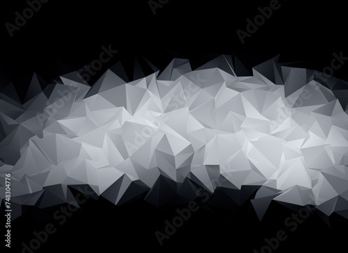 Abstract gray polygon vector pattern object on black background. High resolution full frame futuristic 3D triangular low poly style background.