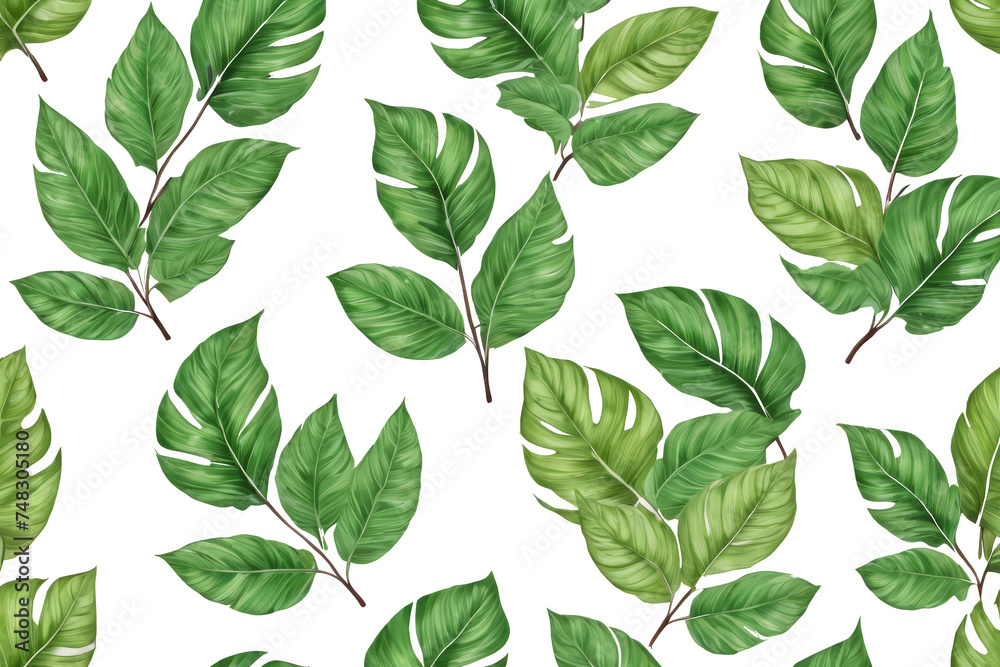 Green leaves pattern on white or transparent background, perfect as website background, as a texture to print on products, meditation, gardening or healthy products concept