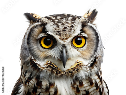 Owl portrait isolated on transparent background.