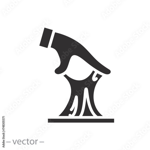 slimesticky substance in hand icon, slime, reaching mucus, flat symbol on white background - vector illustration