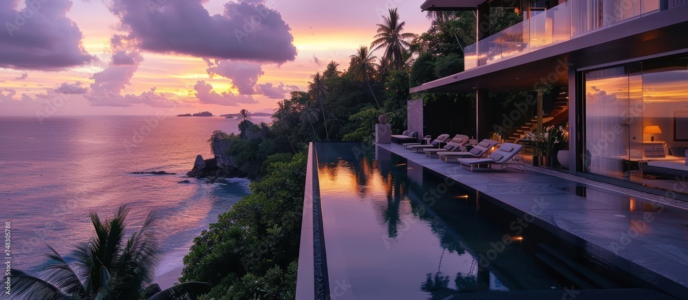 Villa with Infinite Pool overlooking the sky and clouds. - obrazy, fototapety, plakaty 