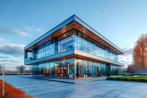 Modern office building with blue sky and glass facades. Economy, finances, business activity concept