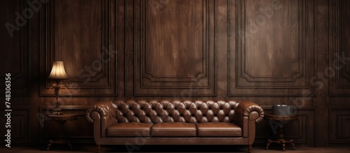 A brown leather couch sits in the dimly lit room, with shadows cast against the walls. The room exudes a cozy and intimate atmosphere, with the couch as the focal point. © Vusal
