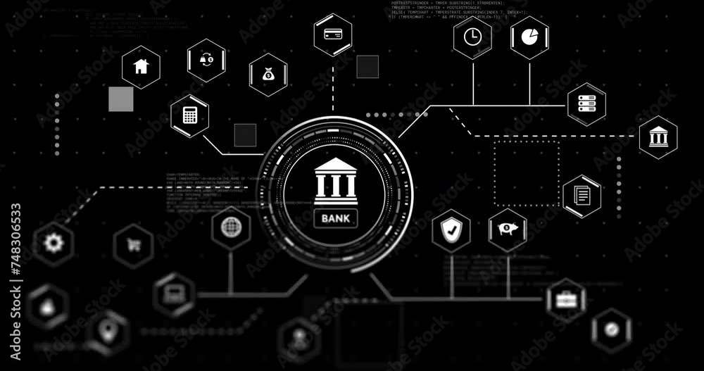 Animation of network of connections with icons digital data processing over black background Animation of network of connections with icons digital data processing over black background