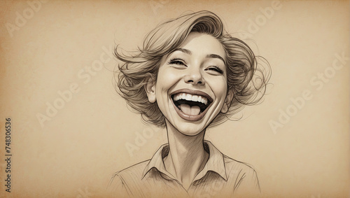 pencil drawing, caricature of a laughing woman in retro style.