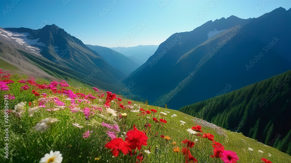 Poppiea flowers field mountains scene espring summer copy space travel vacation fresh plants leaves sunny day horizontal banner