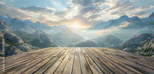 a wooden floor with mountains and landscape in the background