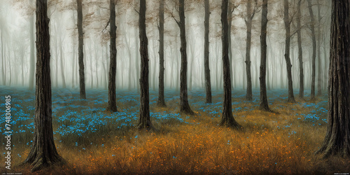 Sunlight illuminating woods with blue flowers. Generated AI