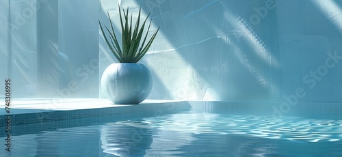 aloe vera vase on a white table in front of water at the spa
