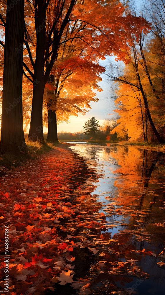 Serene Autumn Landscape: Vibrant Falling Leaves Illuminated by Gentle Sunlight