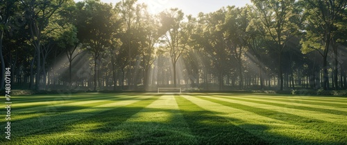 a synthetic grass soccer field with sun streaming through its trees