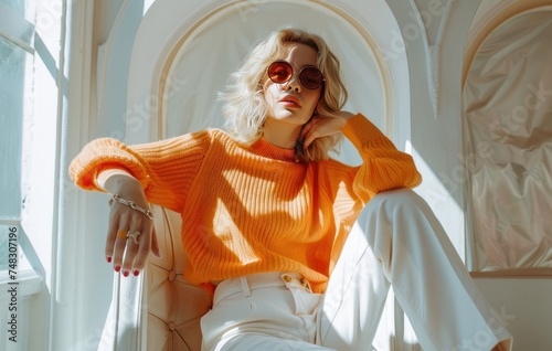 A woman sitting on a chair in an orange sweater and white pants