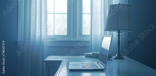a white desk with laptop on top