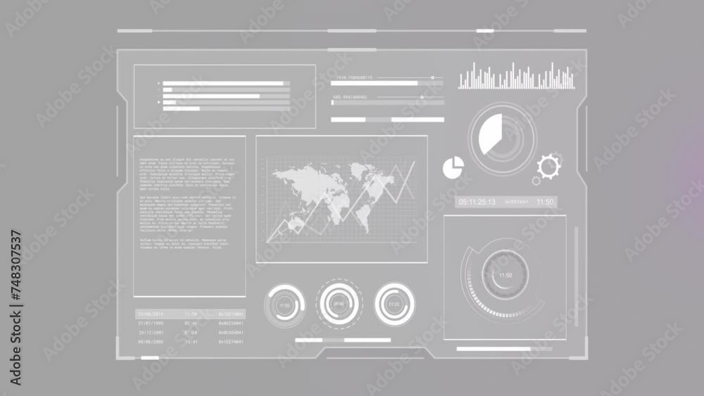 Animation of statistics and digital data processing over screen on grey background Animation of statistics and digital data processing over screen on grey background