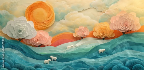 abstract painting of sheep on a hillside