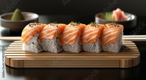 a sushi dish with salmon and chopsticks on top