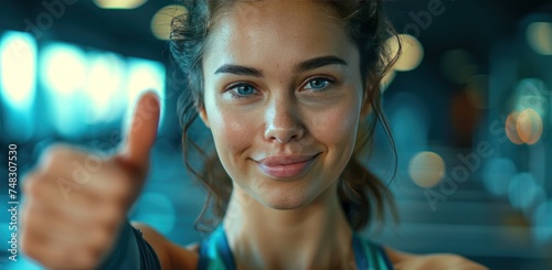 a woman showing thumb up in gym