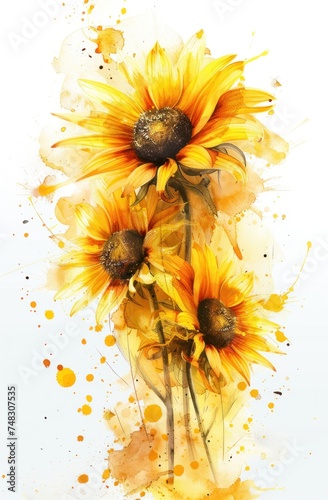 a yellow sunflowers painting with splatters and water splashed on it