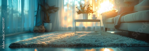 an area rug in front of the couch, coffee table and tabletop