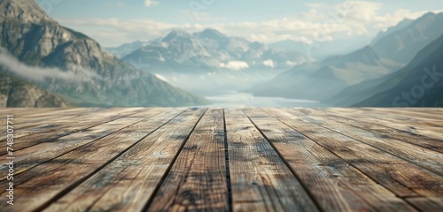 a wooden floor with mountains and landscape in the background