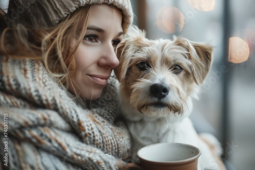 a woman holding a cup of coffee and dog