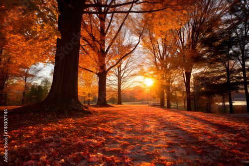Serene Autumn Landscape: Vibrant Falling Leaves Illuminated by Gentle Sunlight