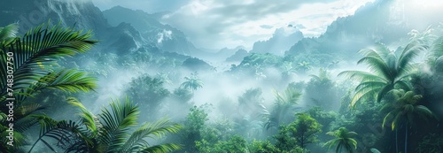 a tropical tropical rainforest with fog, mountainous vistas