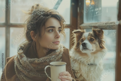 a woman holding a cup of coffee and dog