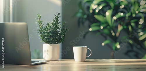 an empty desk with a laptop next to a plant and cups