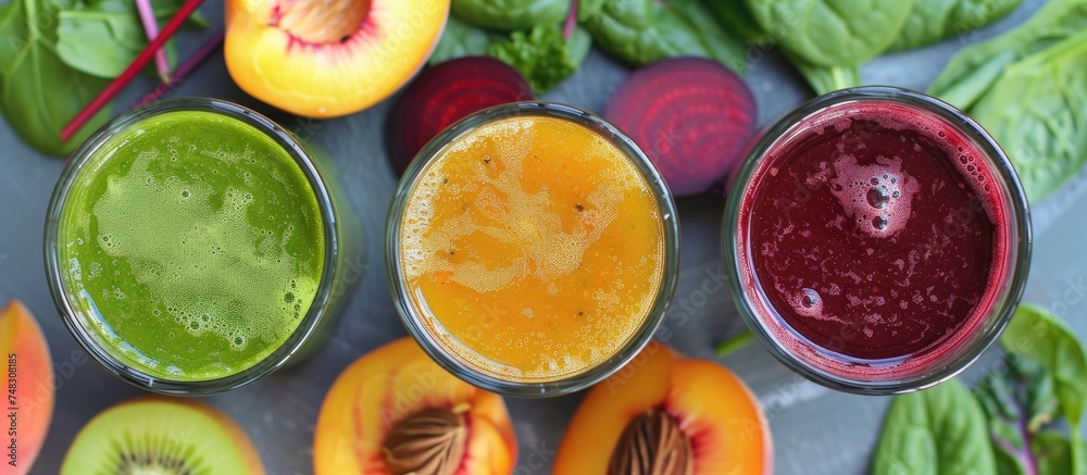 A table is displayed with three glasses filled with vividly colored healthy juices. The drinks feature a mix of spinach, kiwi, beet, and peaches, offering a visually appealing array of flavors. A table is displayed with three glasses filled with vividly colored healthy juices. The drinks feature a mix of spinach, kiwi, beet, and peaches, offering a visually appealing array of flavors.