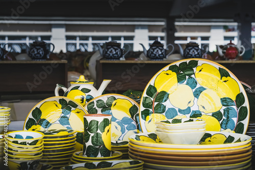 Multi-colored ceramic products with oriental ornaments at the Siab Bazaar in the ancient city of Samarkand in Uzbekistan, Siyob bozor photo