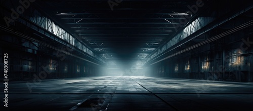 A dark tunnel stretches out in front, illuminated at the end by a faint light source. The tunnel is empty and industrial in nature, with concrete walls and a dimly lit atmosphere. photo