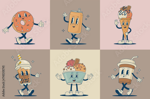Retro cartoon dessert  and beverage characters vector illustration. Vintage donut, soda can, coffee, latte, ice cream, bubble tea mascot. Funny sweet food and drink set