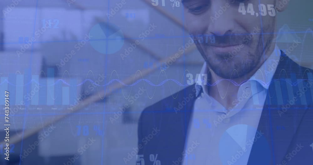 Animation of financial data processing over caucasian businessman using smartphone in office Animation of financial data processing over caucasian businessman using smartphone in office