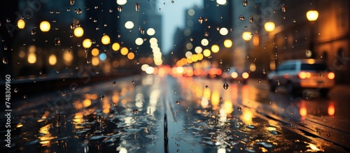 Raindrops streak down a window