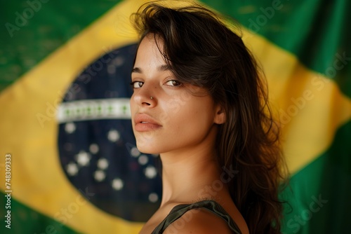 A young Brazilian woman in front of the Brazil flag with a look reflecting pride and admiration for her homeland. Brazilian in emotional and cultural connection with her country. photo