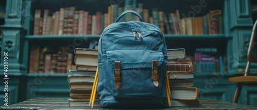 back to school. blue backpack with pencils and