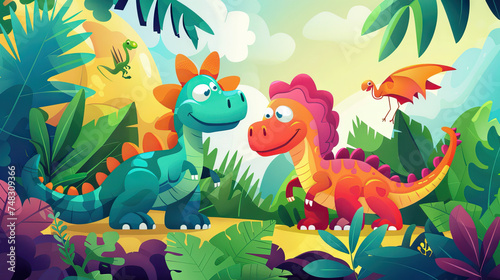 Fototapeta Naklejka Na Ścianę i Meble -  Dinosaur Explorers: Friendly and Animated Dinosaur Characters for Kids. Icon Concept Isolated Premium Vector. 