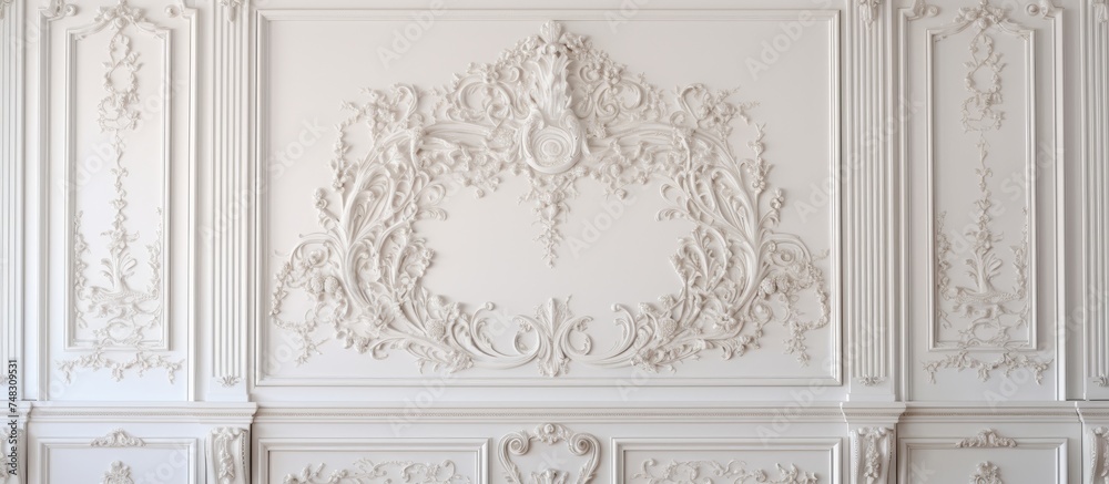 A white room with a sizable white wall dominating the space, creating a minimalist and clean aesthetic. The wall is adorned with a beautiful Gypsum carving decoration,