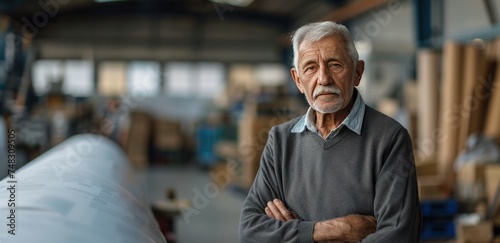 an older man standing inside a warehouse with a roll of paper behind him