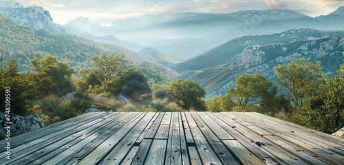 an empty wooden deck overlooking an idyllic mountain view