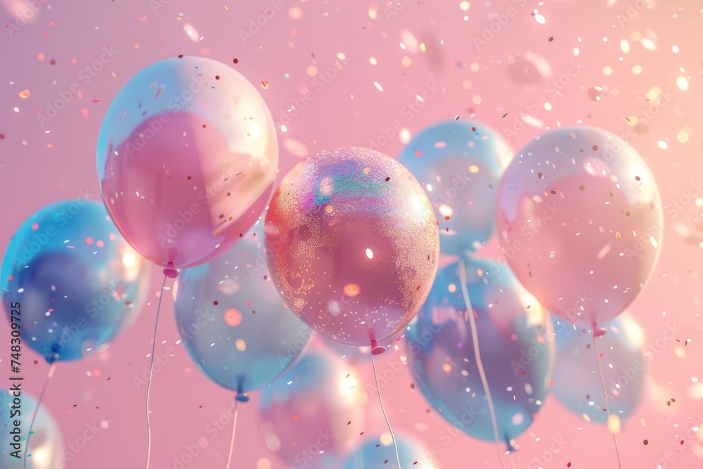 balloons and masks were confetti on a pink background balloons and masks were confetti on a pink background